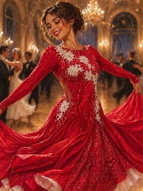 Red Sequin Lace Ballroom Dance Gown Mesh Sleeve Pageant Dress L Glam Chic